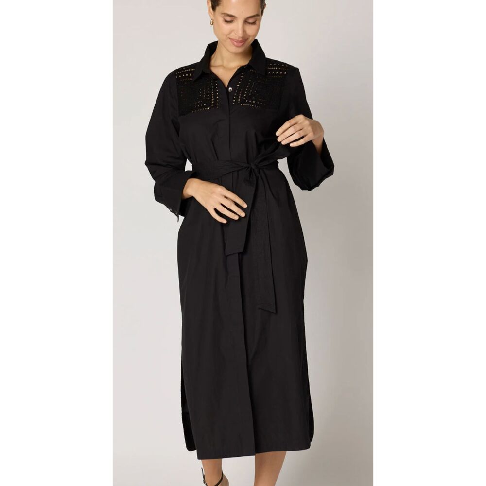 Cleobella Bailey Midi Shirt Dress Black Crochet Belted Size Medium NWT